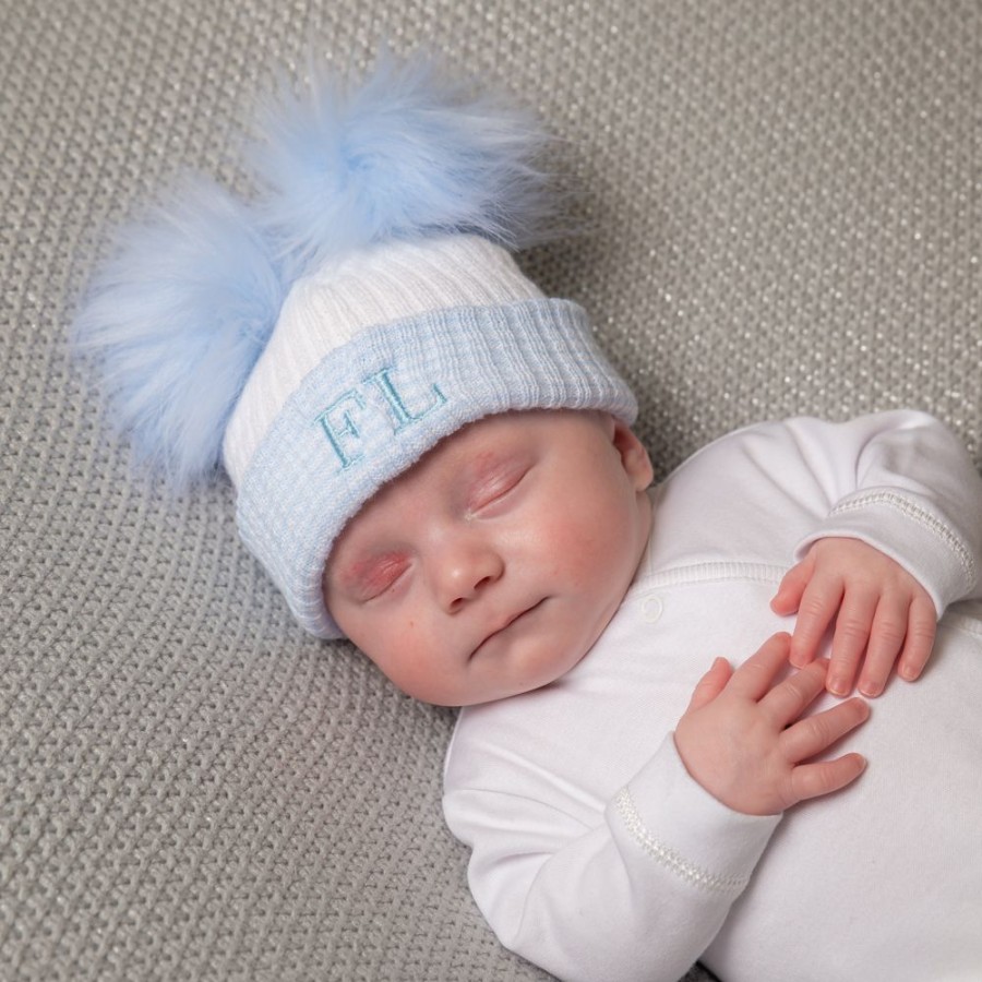 Clothing Millie & Ralph Hats | Personalised First Size Blue & White Double Fur Pom Hat