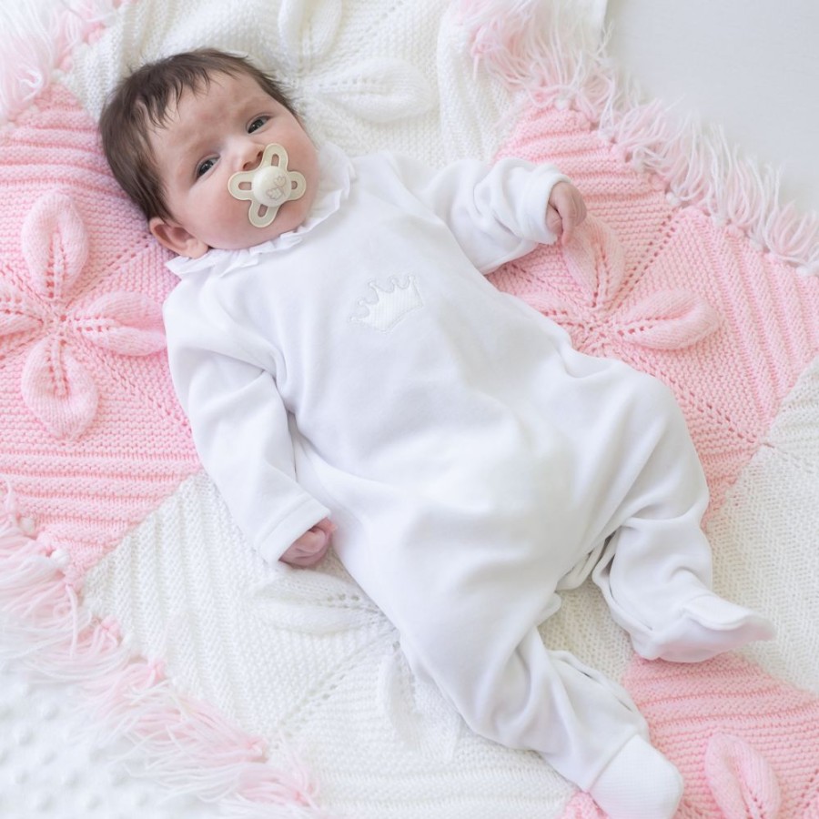 Clothing Millie & Ralph Sleepsuits | White Crown Detail Frilly Velour All In One