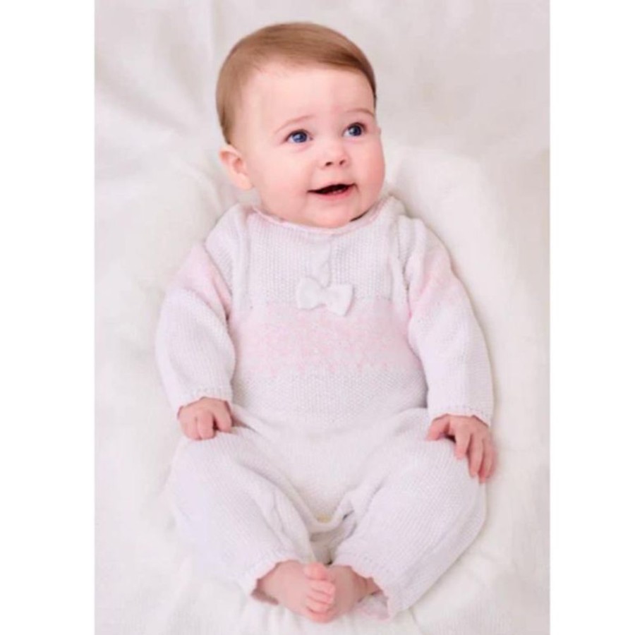 Clothing Sarah Louise Sleepsuits | White Pink Bow Fairisle Knitted All In One