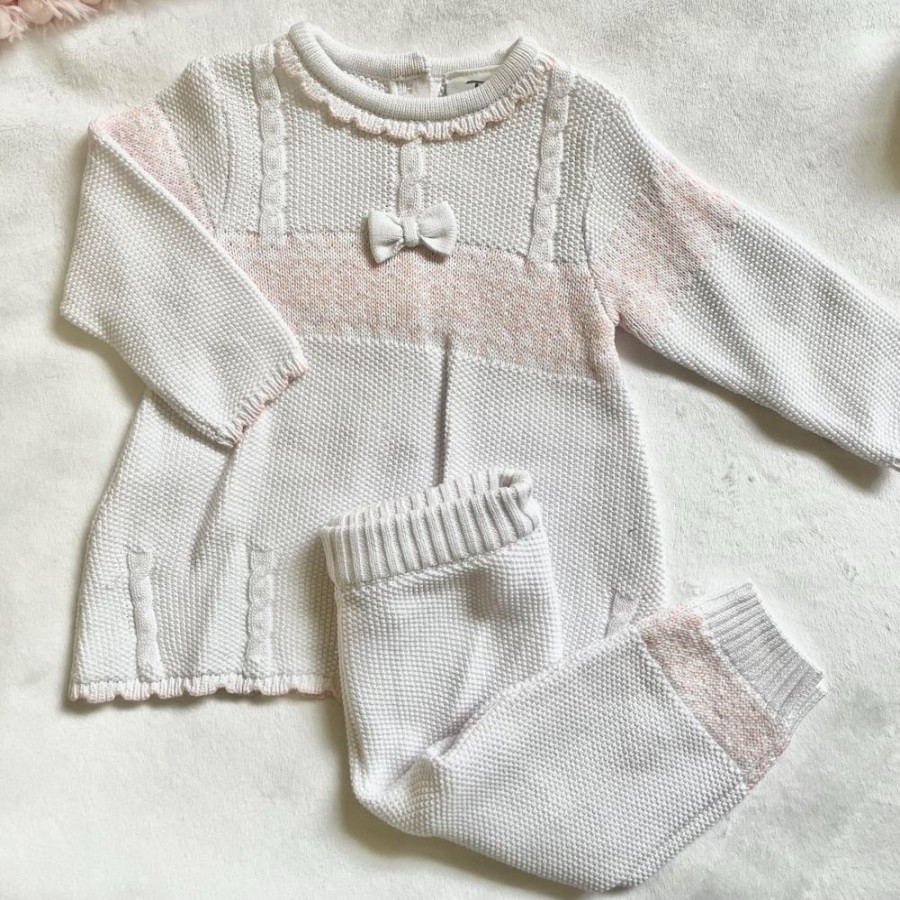 Clothing Sarah Louise Knitwear | White Pink Bow Fairisle Knitted 2 Piece Set