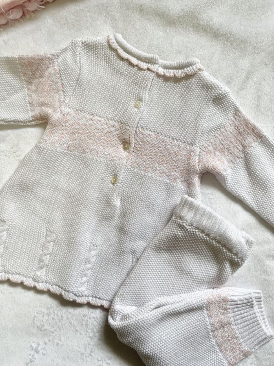 Clothing Sarah Louise Knitwear | White Pink Bow Fairisle Knitted 2 Piece Set