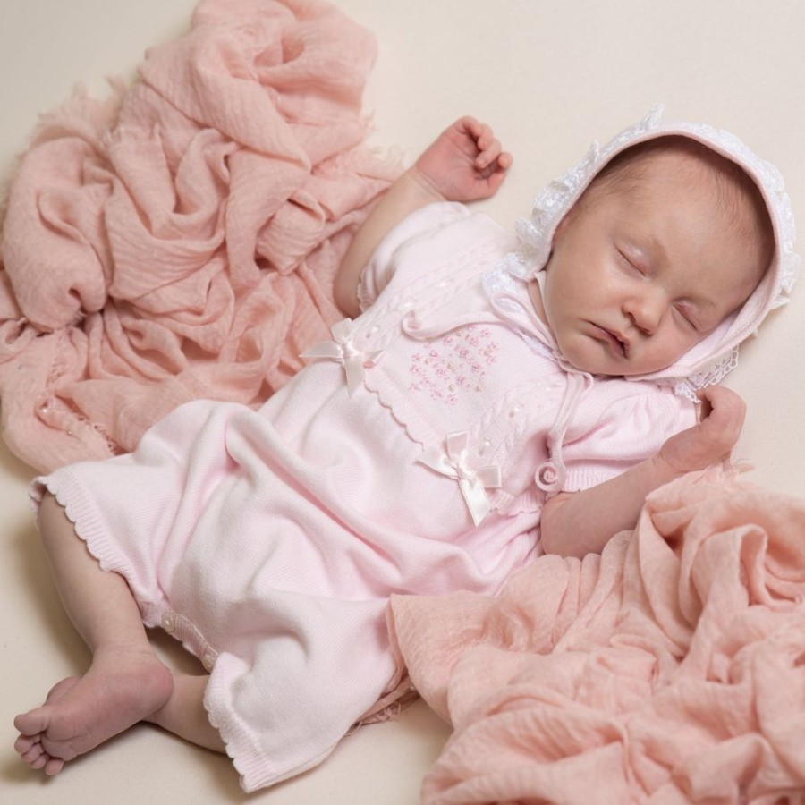 Clothing Sarah Louise Knitwear | Baby Pink Knitted Fine Detail Lace Romper & Bonnet