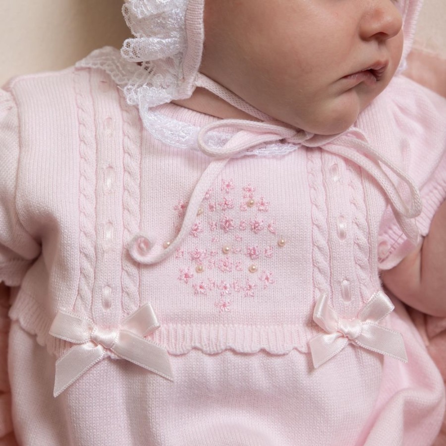 Clothing Sarah Louise Knitwear | Baby Pink Knitted Fine Detail Lace Romper & Bonnet