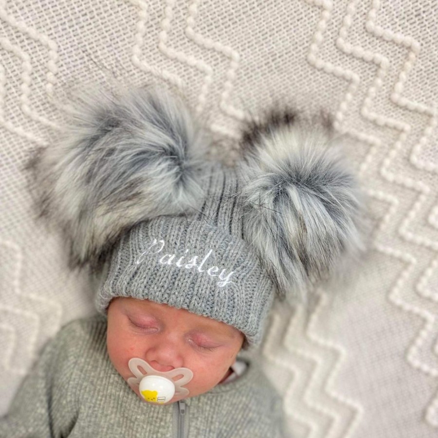 Clothing Millie & Ralph Hats | Personalised Baby Pom Hat In Grey | Millie & Ralph