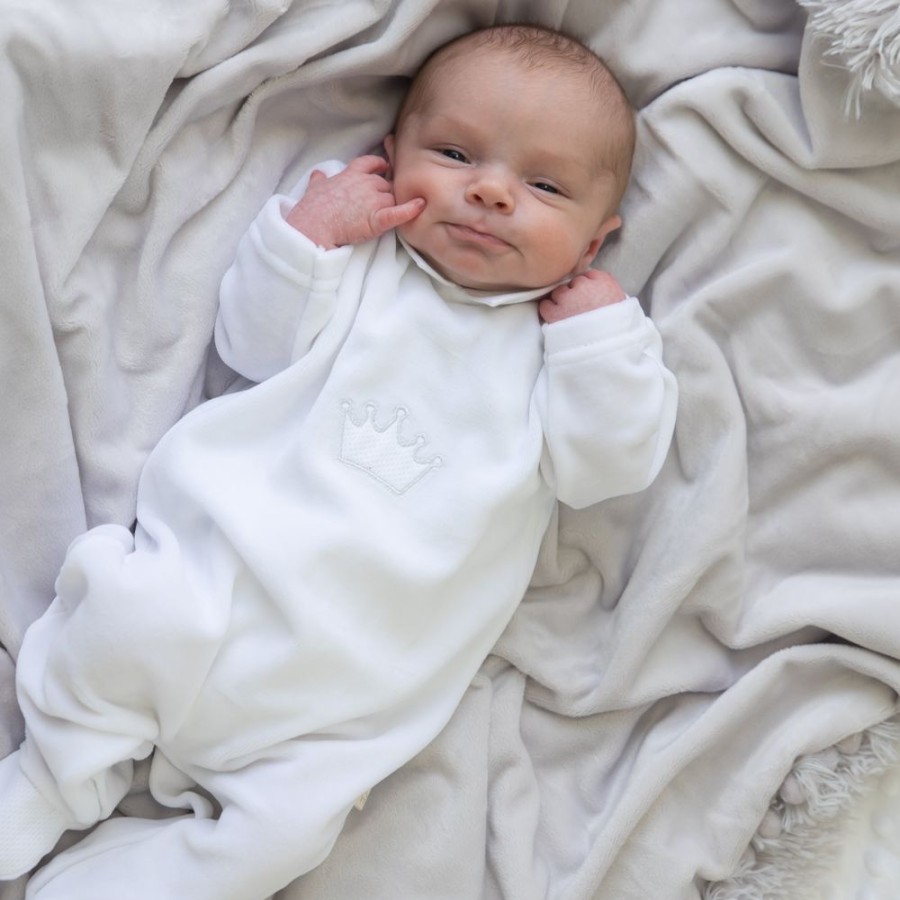 Clothing Millie & Ralph Sleepsuits | White Crown Detail Velour All In One | Millie & Ralph