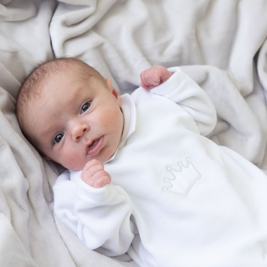 Clothing Millie & Ralph Sleepsuits | White Crown Detail Velour All In One | Millie & Ralph