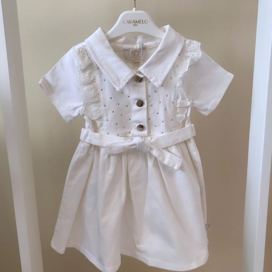 Clothing Caramelo Outfits | White Denim Frill Diamante Dress