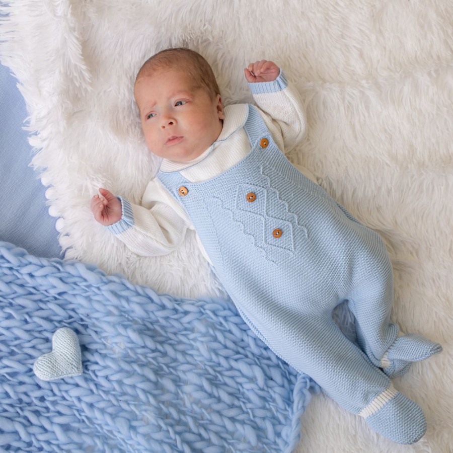 Clothing Dandelion Knitwear | Baby Blue Knitted Dungaree & White Top