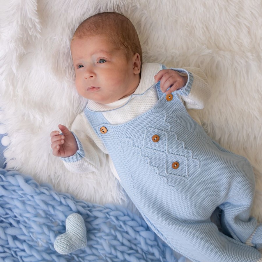 Clothing Dandelion Knitwear | Baby Blue Knitted Dungaree & White Top