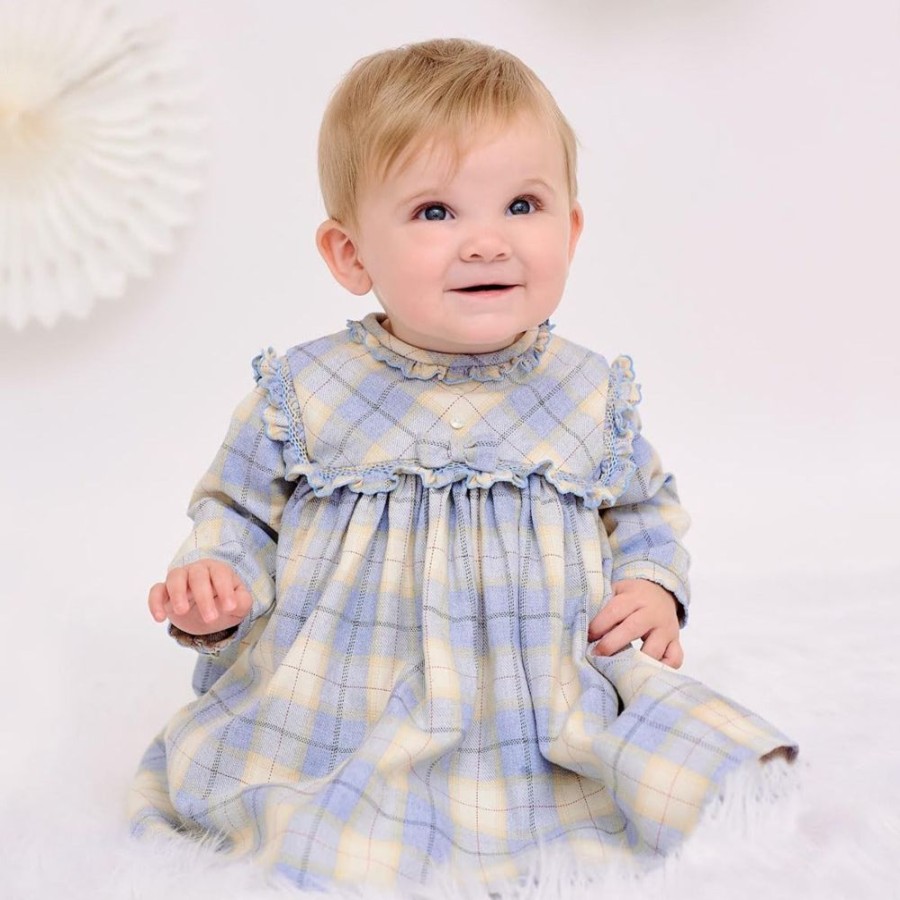 Clothing Sarah Louise Outfits | Girls Ivory Blue Plaid Dress