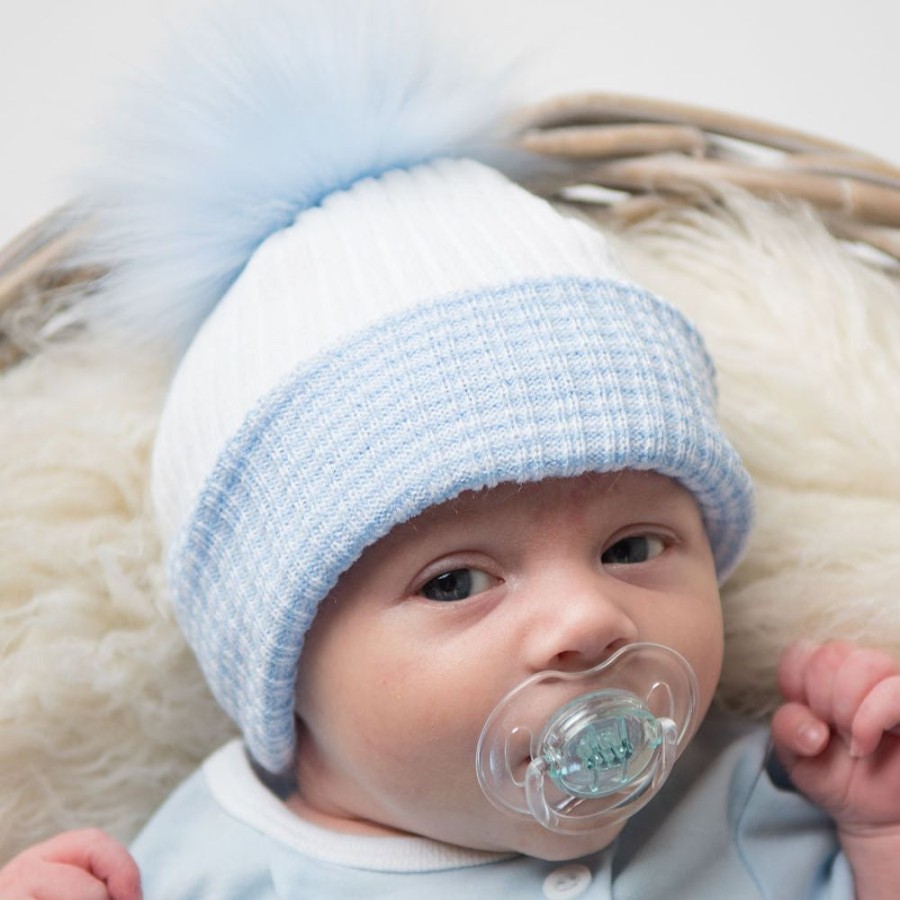 Clothing Millie & Ralph Hats | First Size White & Blue Ribbed Fur Single Pom Hat