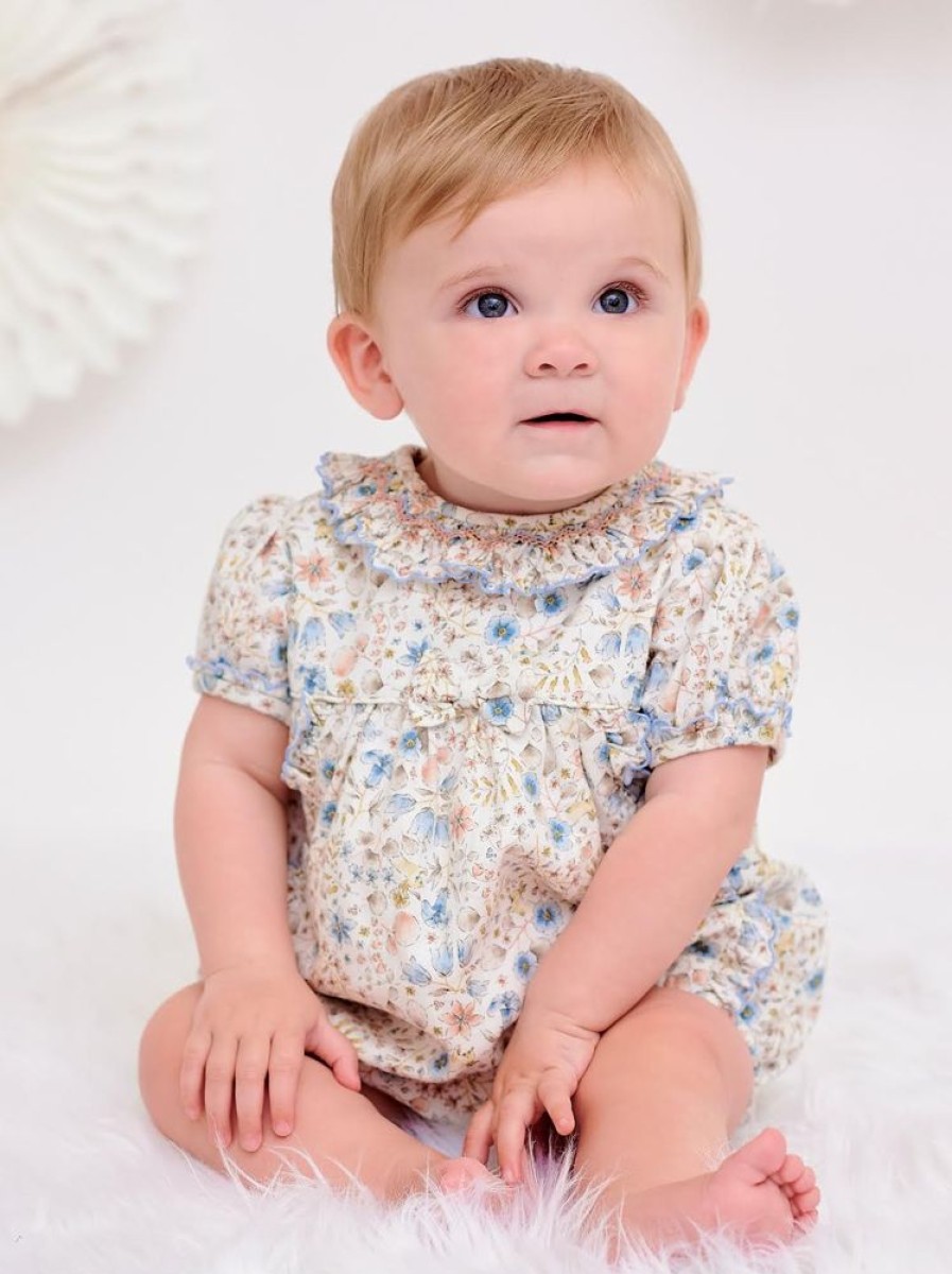 Clothing Sarah Louise Rompers | Blue Ivory Hand-Smocked Bubble Romper