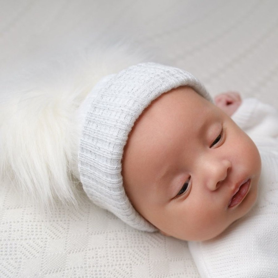 Clothing Millie & Ralph Hats | First Size White And Silver Ribbed Fur Double Pom Hat