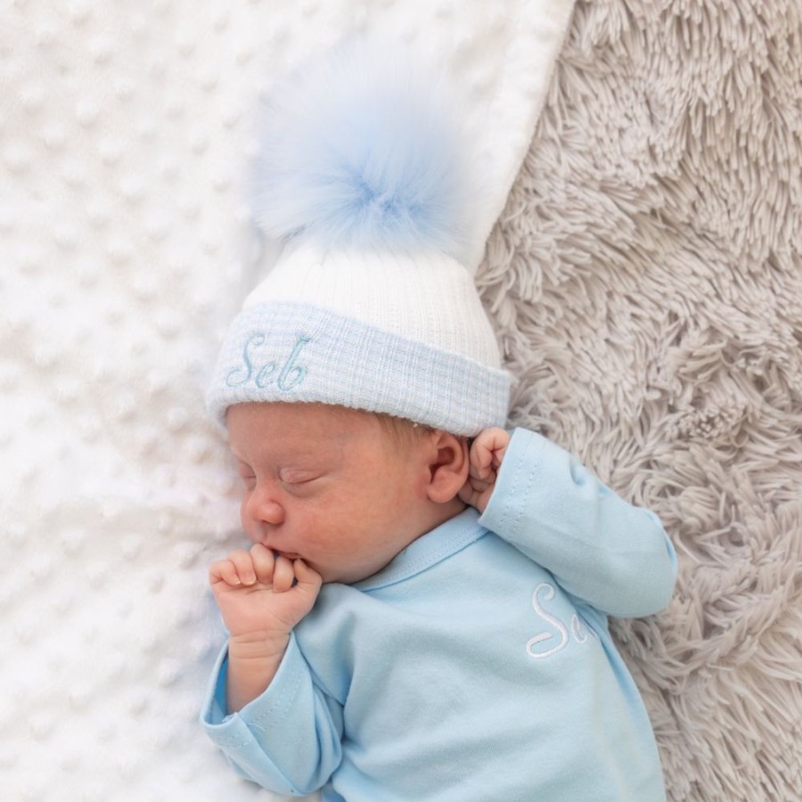 Personalised Millie & Ralph | Personalised First Size White & Blue Single Fur Pom Hat