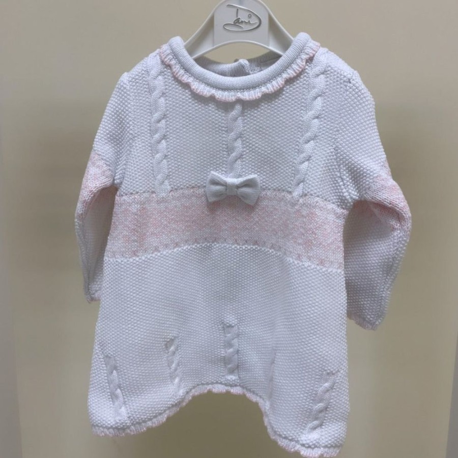 Clothing Sarah Louise Knitwear | White Pink Bow Fairisle Knitted Dress