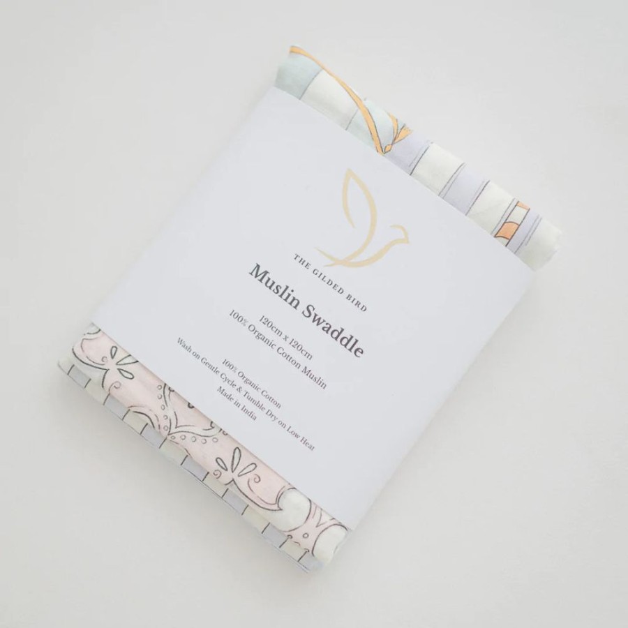 Nursery & Home Gilded Bird Bedding & Sleepwear | Gilded Bird Xl Muslin Swaddle - Carousel Blue Stripe