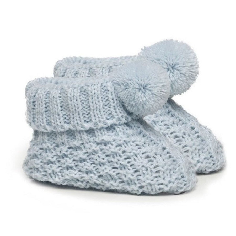 Clothing Millie & Ralph Booties | Blue Pom Pom Knit Booties