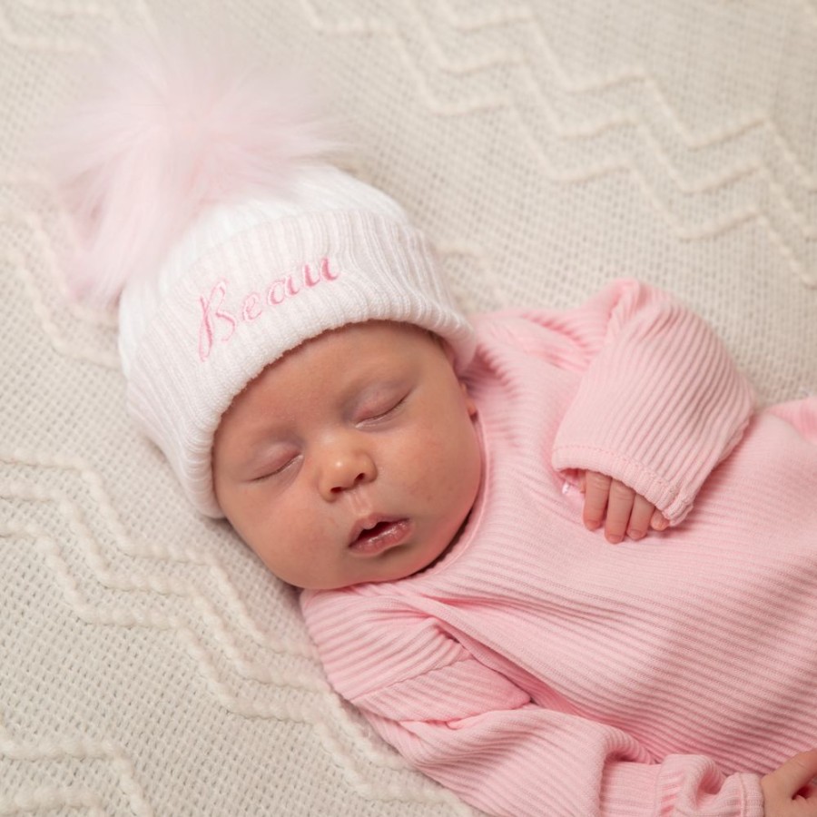 Personalised Millie & Ralph | Personalised First Size White & Pink Single Fur Pom Hat