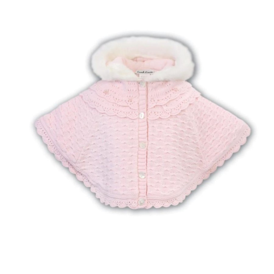 Clothing Sarah Louise Knitwear | Pink Knitted Detail Fur Hood Poncho