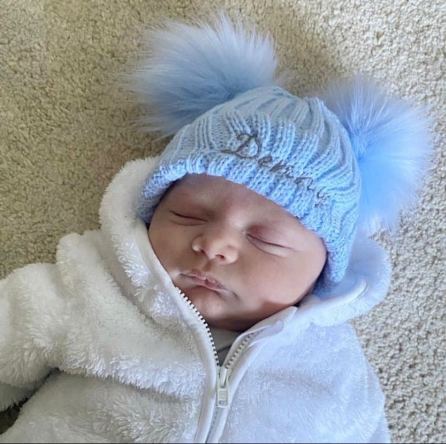 Personalised Millie & Ralph | Double Pom Hat | Personalised Name Sky Blue | Millie & Ralph