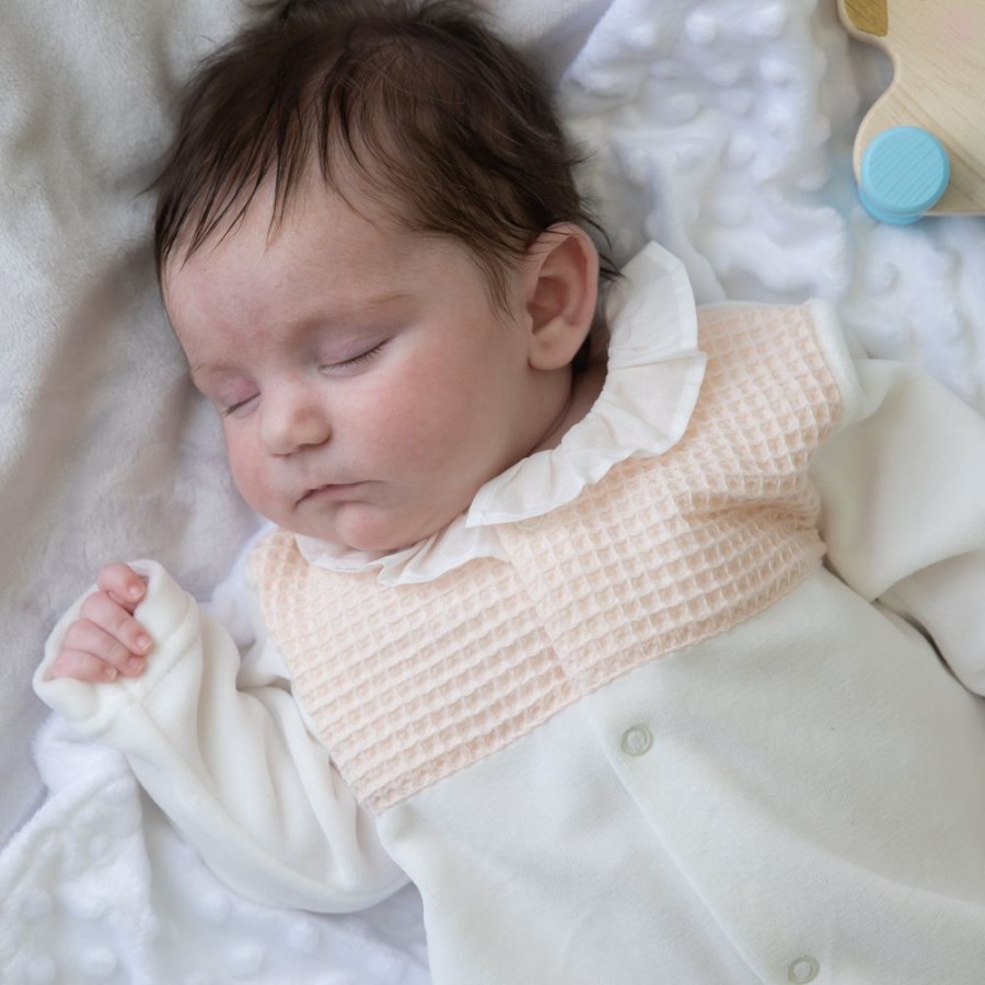 Clothing Millie & Ralph Sleepsuits | Ivory Velour Sleepsuit With Pink Waffle Detail