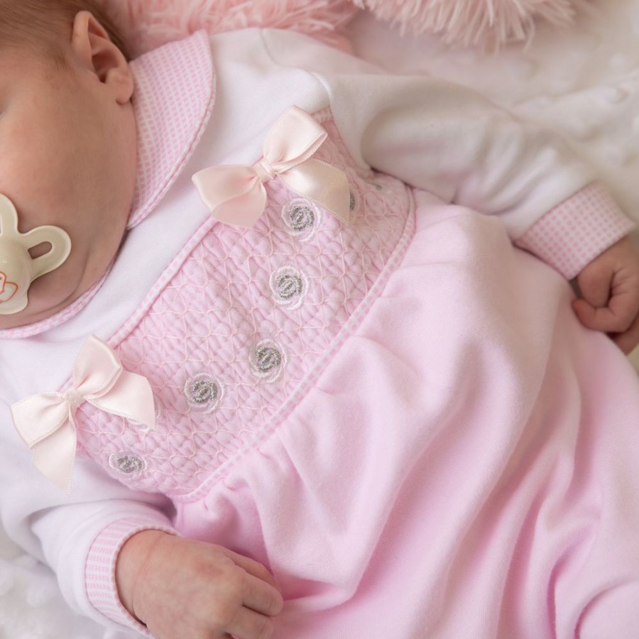 Clothing Dandelion Sleepsuits | Silver Roses & Bows Smocked Sleepsuit