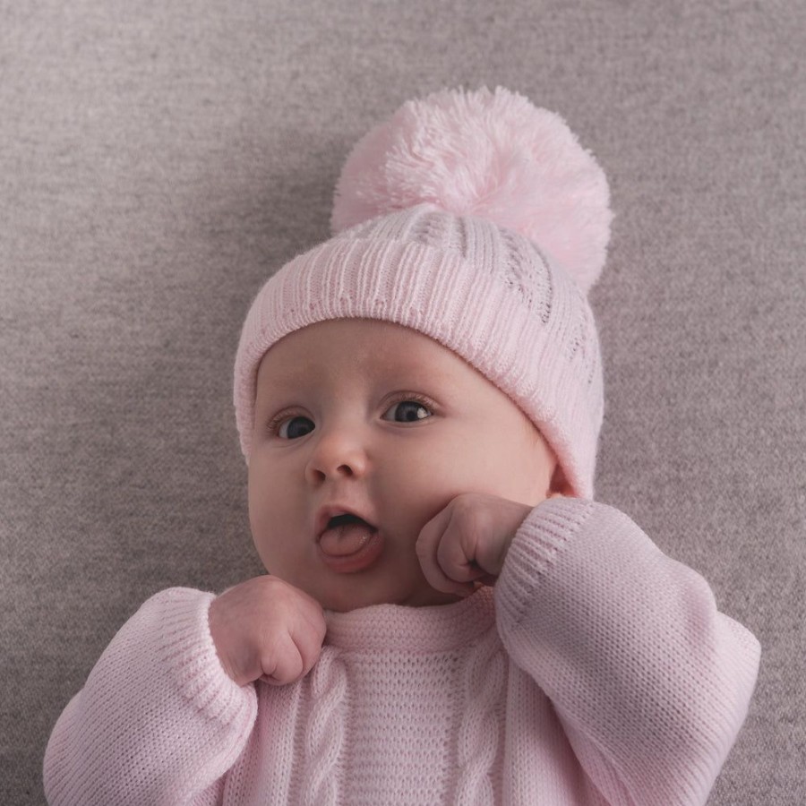 Clothing Millie & Ralph Hats | First Size Pink Cable Pom Hat