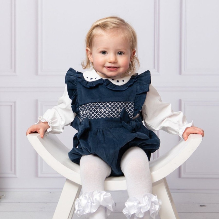 Clothing Caramelo Rompers | Navy Corduroy Frill Hand-Smocked Romper Set