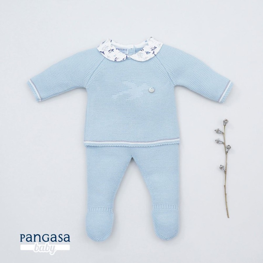 Clothing Pangasa Knitwear | Pangasa Pale Blue 'Bird' Print Knitted Set