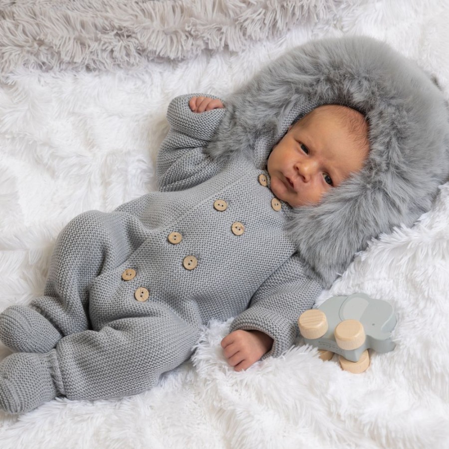 Clothing Pangasa Knitwear | Pangasa Grey Faux Fur Hood Knitted Pramsuit