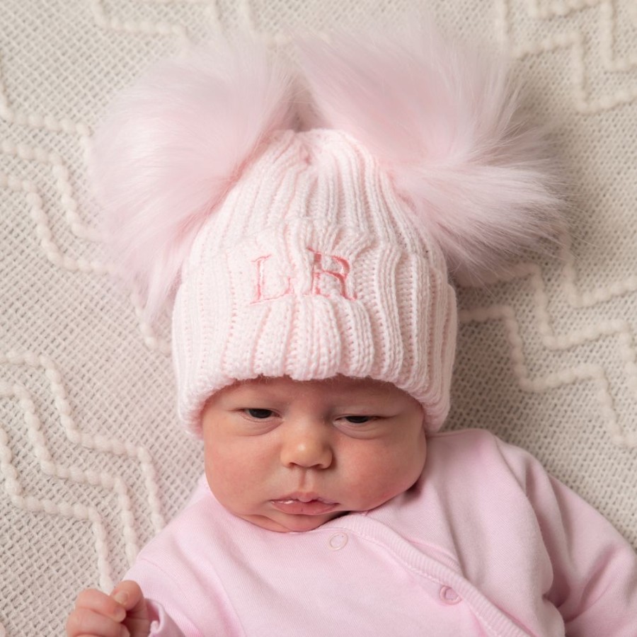 Clothing Millie & Ralph Hats | Personalised Initial Pink Double Pom Hat