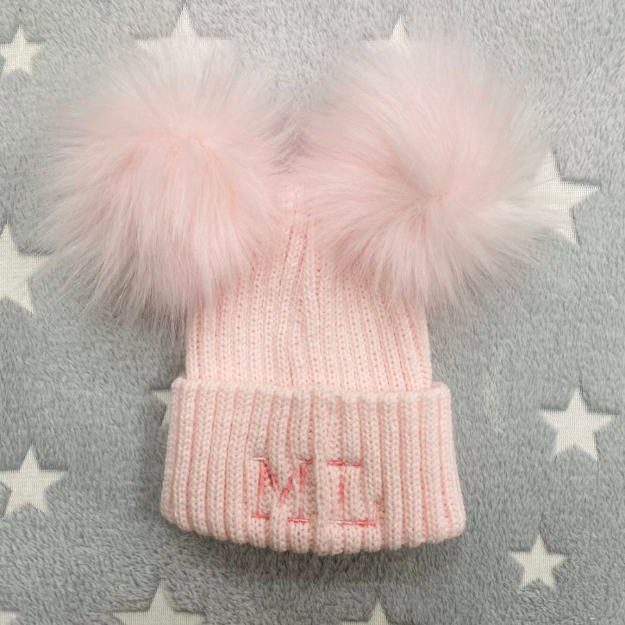 Clothing Millie & Ralph Hats | Personalised Initial Pink Double Pom Hat