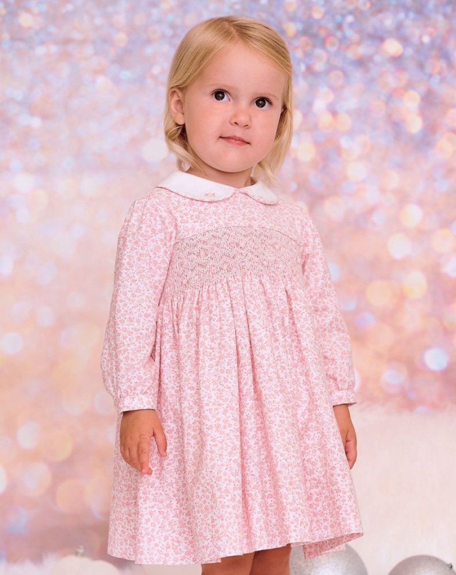 Clothing Sarah Louise Outfits | Pink Print Long Sleeve Smocked Chest Dress