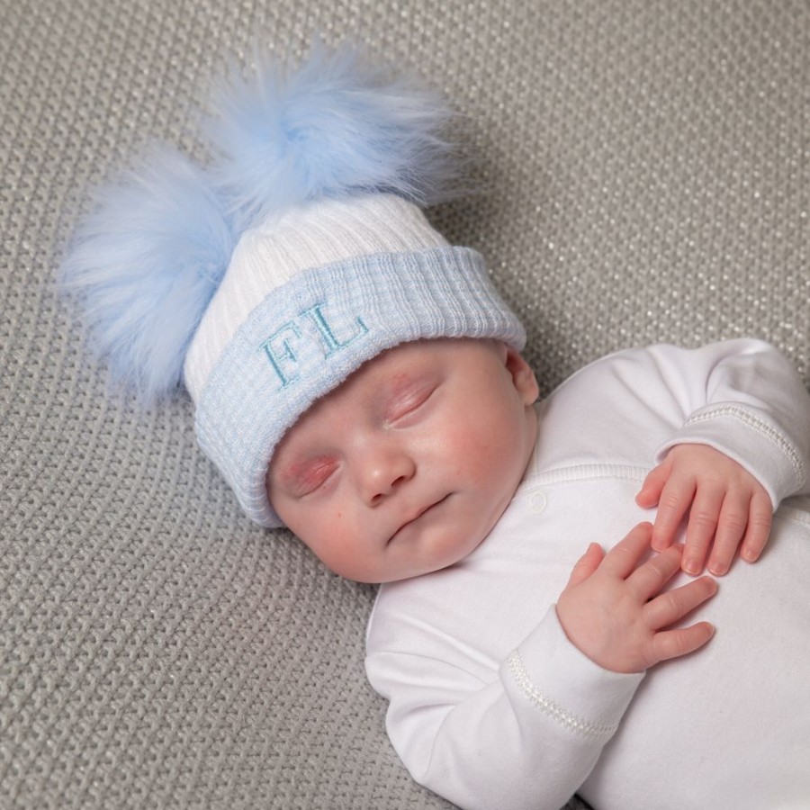 Personalised Millie & Ralph | Personalised First Size Blue & White Double Fur Pom Hat