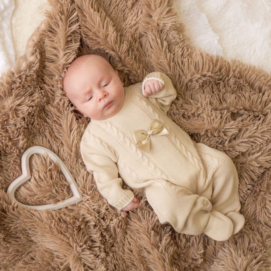 Clothing Millie & Ralph Outfits | Millie & Ralph Taupe Satin Bow Cable Onesie