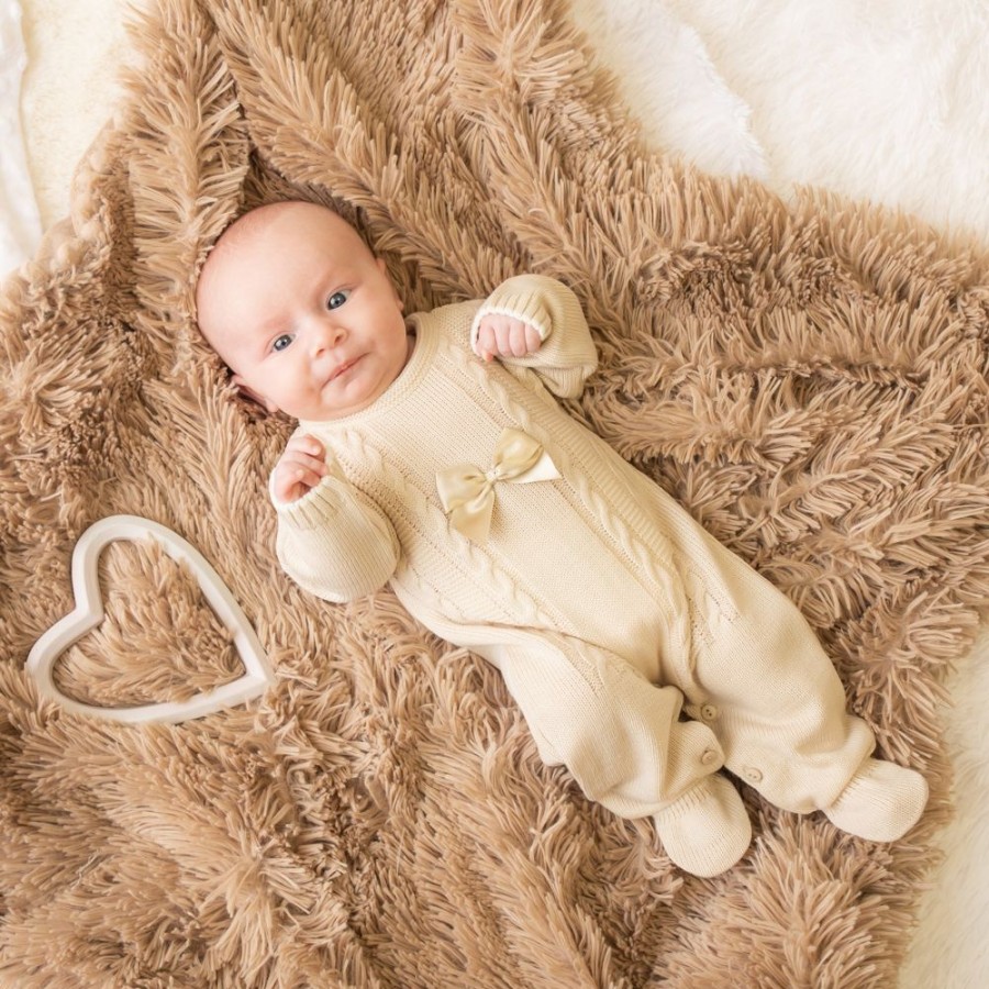 Clothing Millie & Ralph Outfits | Millie & Ralph Taupe Satin Bow Cable Onesie