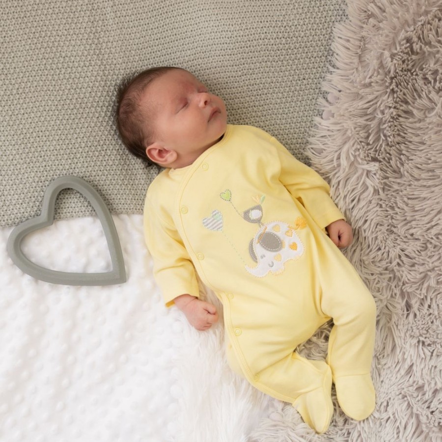 Clothing Dandelion Sleepsuits | Elephant & Bird Print Lemon Yellow Sleepsuit | Millie & Ralph