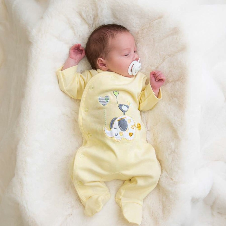 Clothing Dandelion Sleepsuits | Elephant & Bird Print Lemon Yellow Sleepsuit | Millie & Ralph