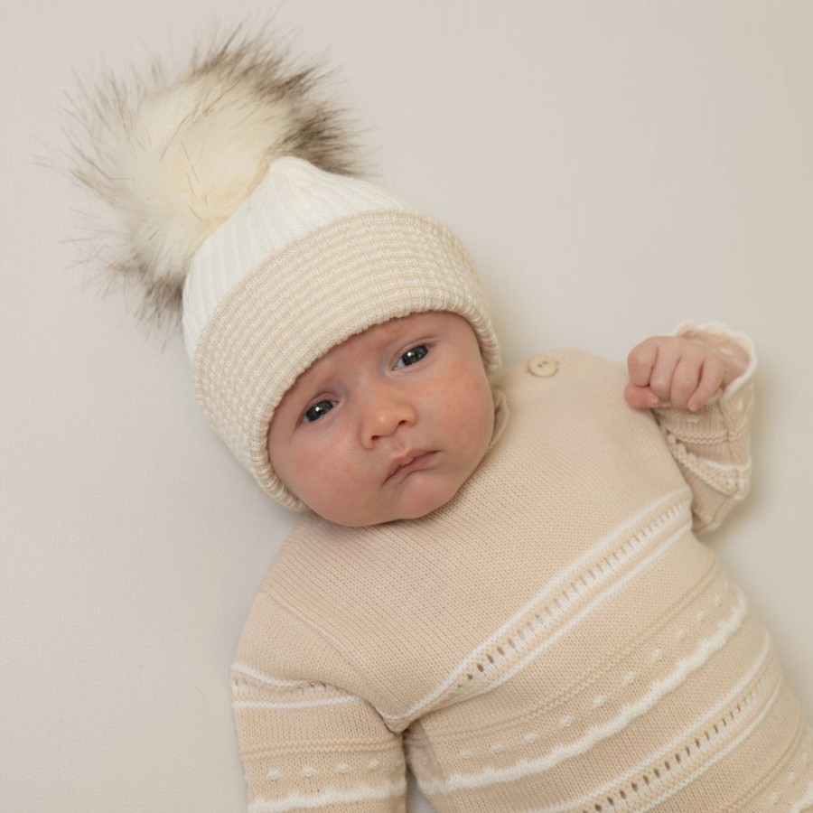 Clothing Millie & Ralph Hats | Beige & White Ribbed Fur Pom Hat | First Size | Millie & Ralph