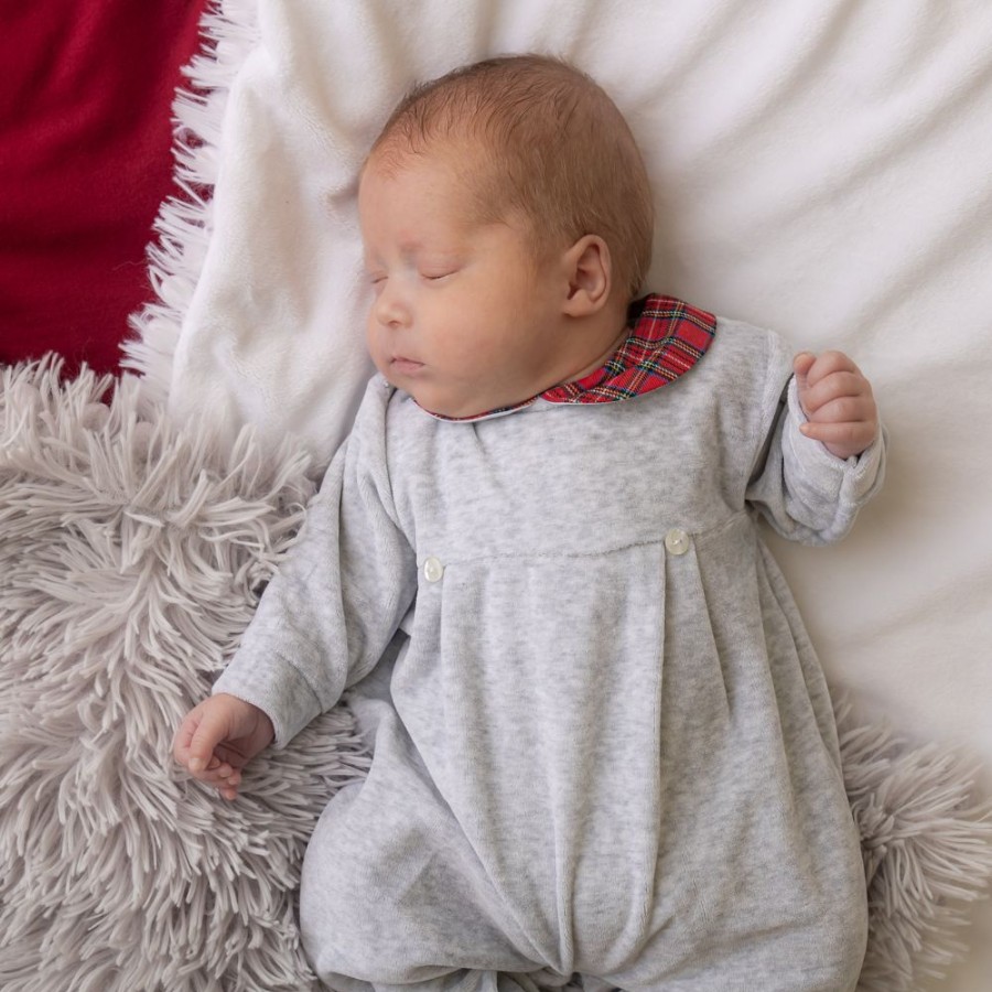 Clothing Pex Sleepsuits | Grey Velour And Tartan Collar Sleepsuit