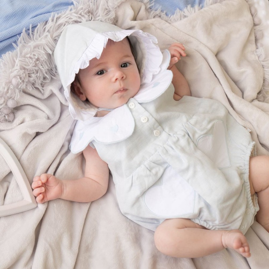 Clothing Caramelo Rompers | Sky Blue Linen Frill Heart Romper With Bonnet