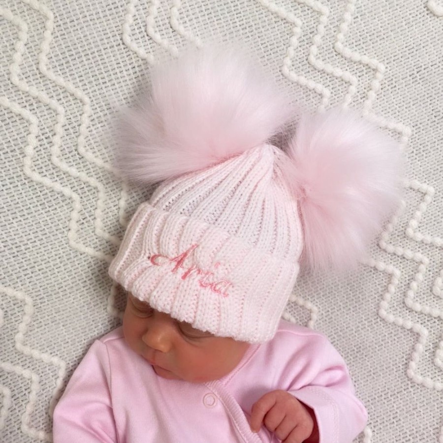 Clothing Millie & Ralph Hats | Personalised Name Pink Double Pom Hat