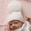 Clothing Millie & Ralph Hats | First Size White/Pink Knitted Stripe Pom Hat With Teddy