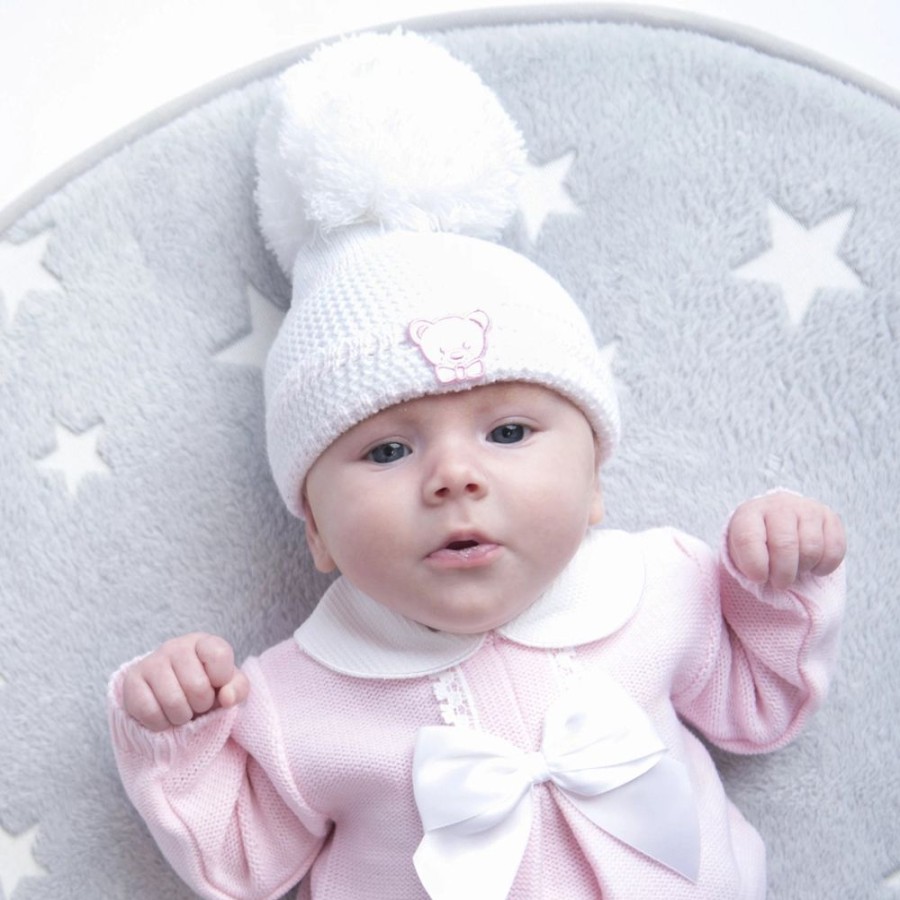 Clothing Millie & Ralph Hats | First Size White/Pink Knitted Stripe Pom Hat With Teddy