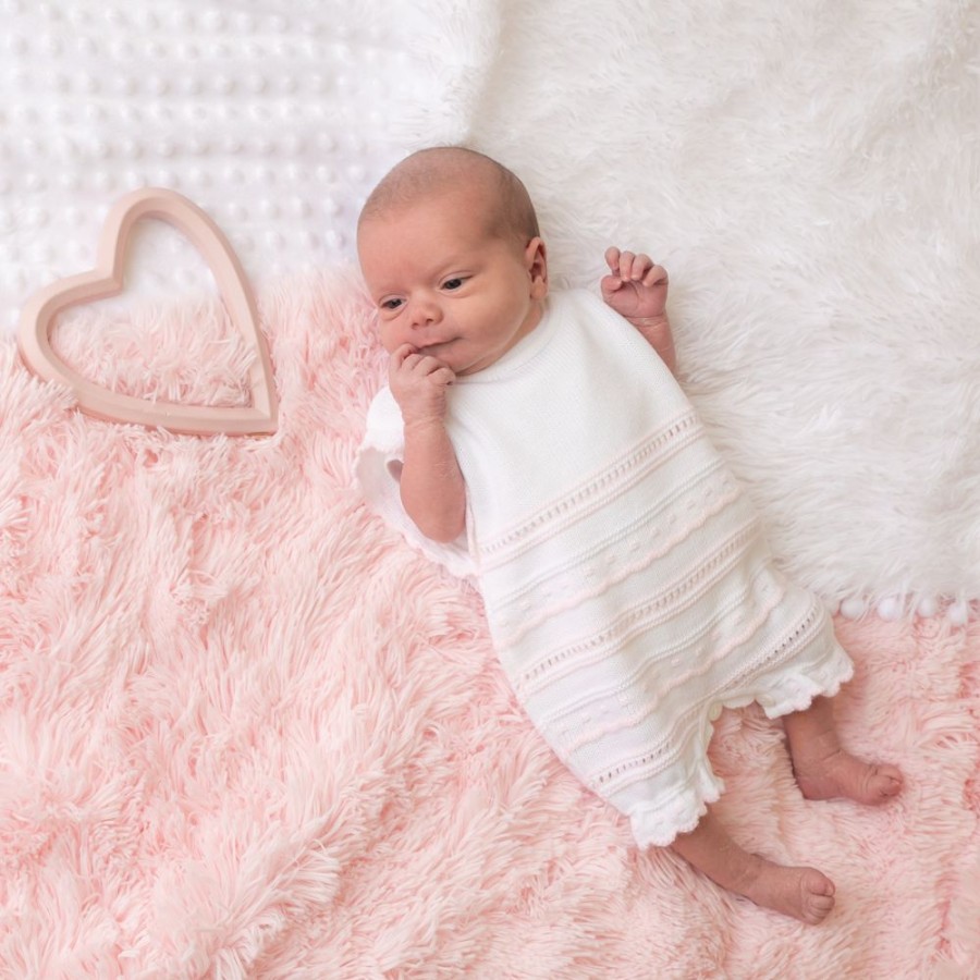 Clothing Dandelion Rompers | Pink & White Knitted Pointelle Romper