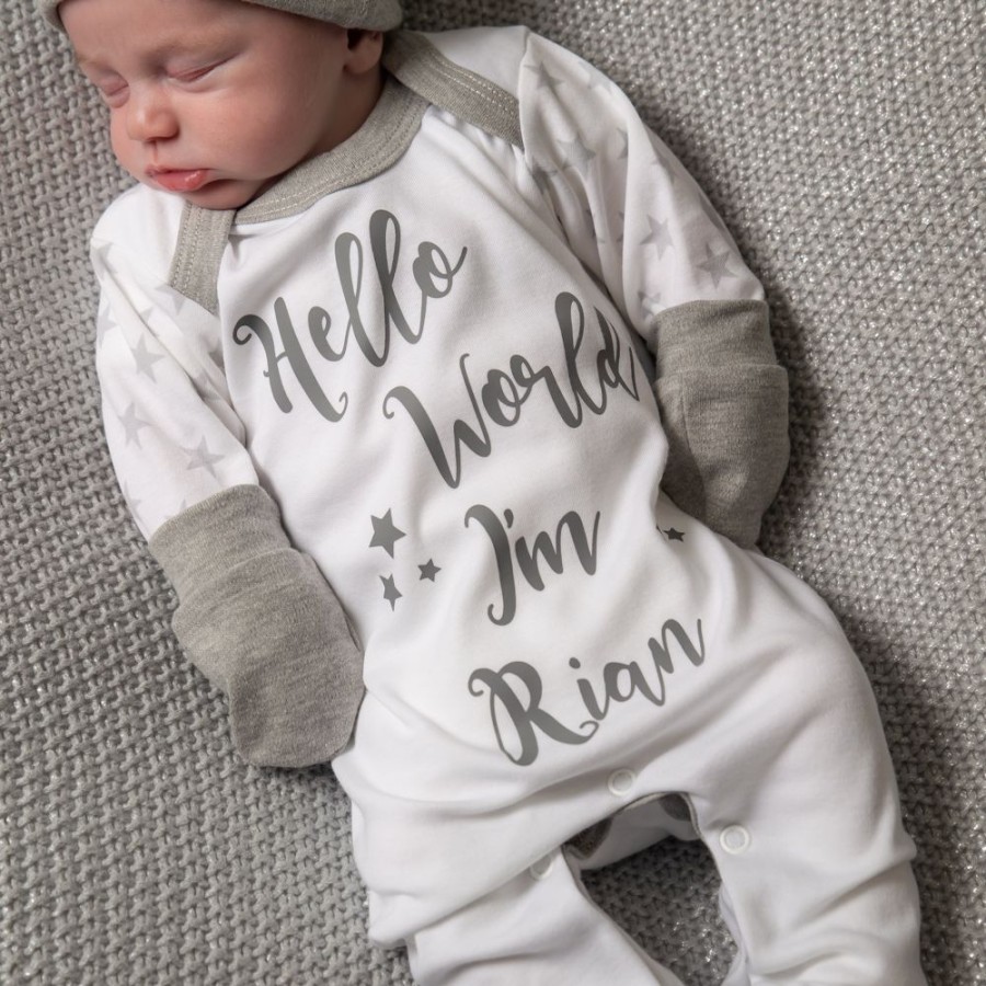 Personalised Millie & Ralph | Hello World I'M..' Light Grey Contrast Sleepsuit Set | Millie & Ralph