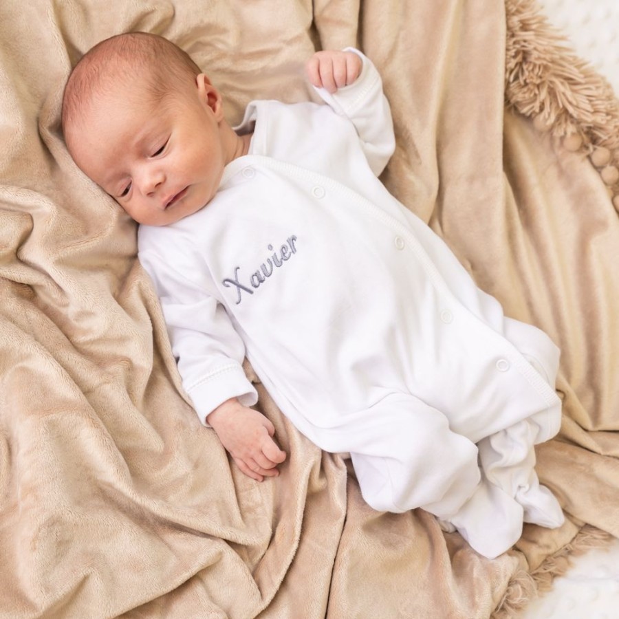 Clothing Millie & Ralph Sleepsuits | White Personalised Name Popper Sleepsuit