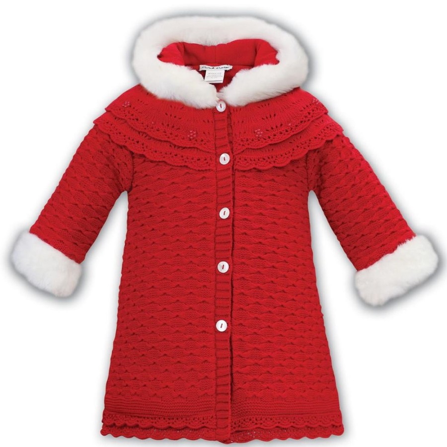 Clothing Sarah Louise Knitwear | Red Knitted Coat With Faux Fur Hood