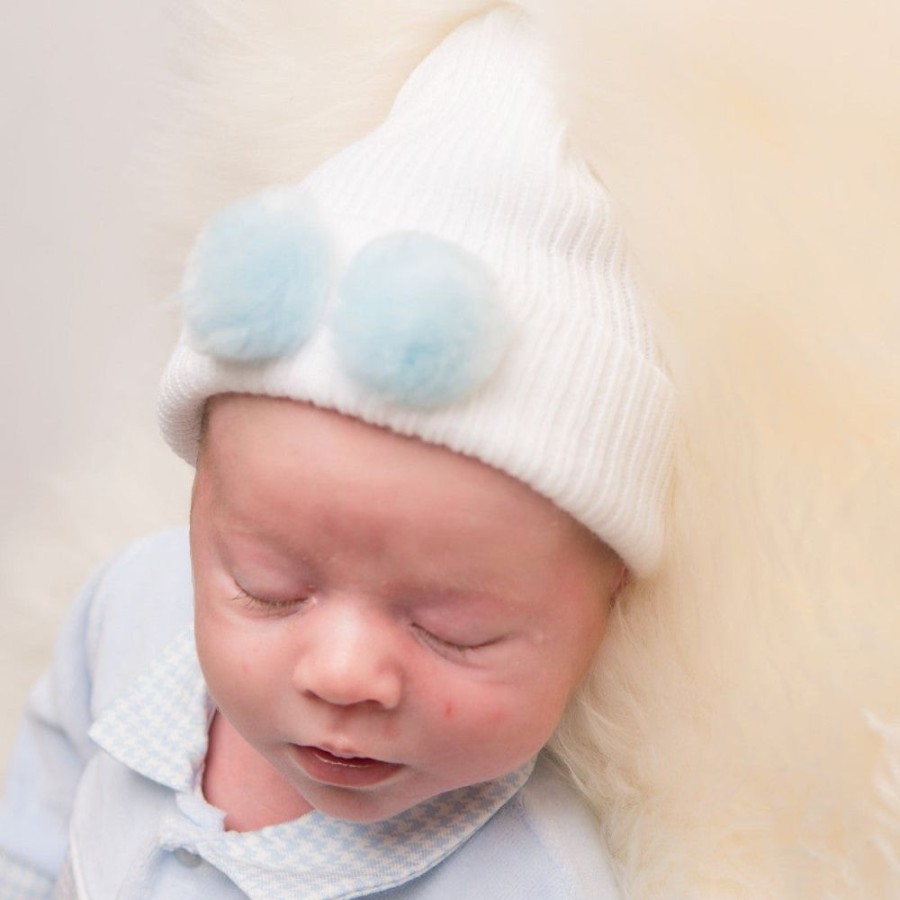 Clothing Millie & Ralph Hats | First Size White Hat With Blue Fur Pom Pom