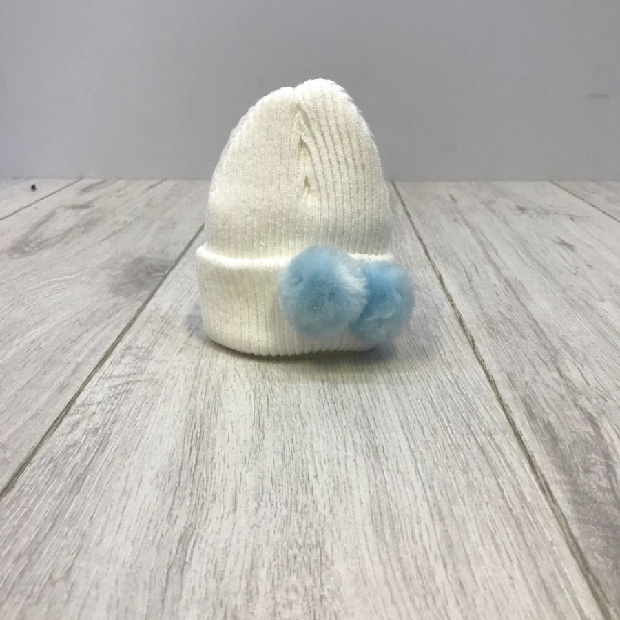 Clothing Millie & Ralph Hats | First Size White Hat With Blue Fur Pom Pom